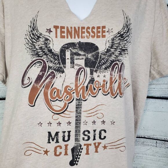 Maurices XL Beige Nashville Music City Graphic Tee Cutout Neck Short Sleeve - Picture 2 of 7